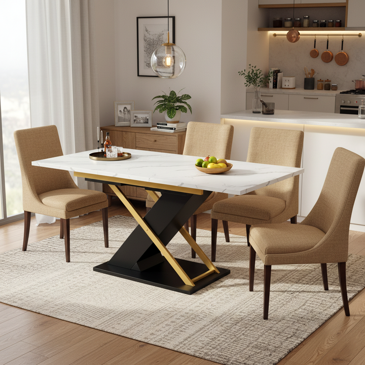 Extendable dining table 120–160 × 80 cm with marble-look top and golden cross legs COPPICEKNOLL