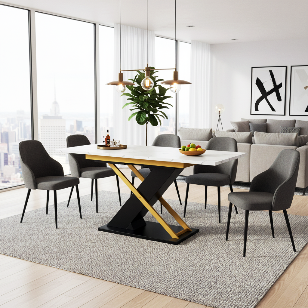 Extendable dining table 120–160 × 80 cm with marble-look top and golden cross legs COPPICEKNOLL