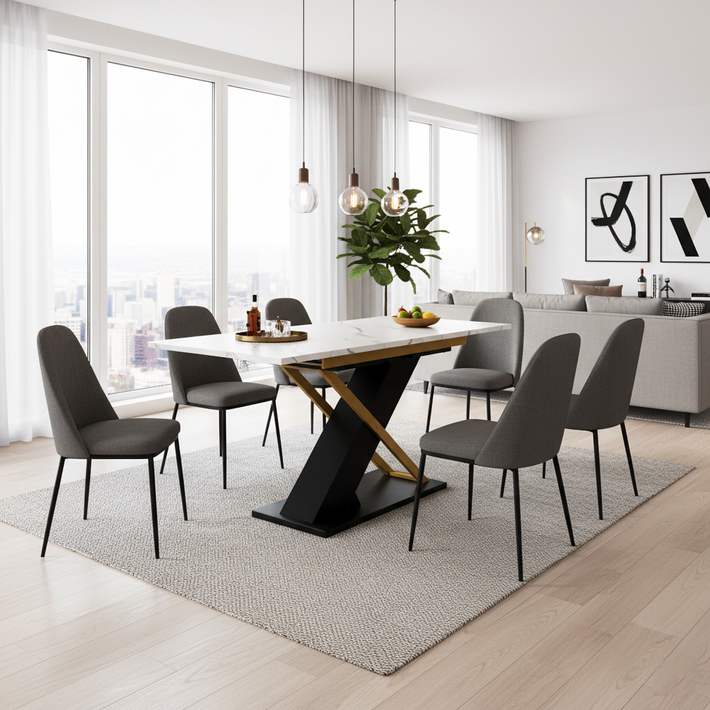 Extendable dining table 120–160 × 80 cm with marble-look top and golden cross legs COPPICEKNOLL