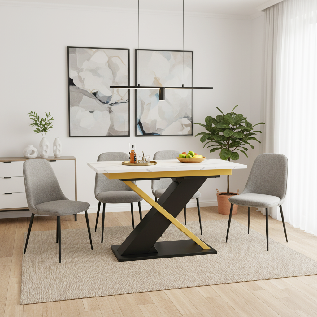 Extendable dining table 120–160 × 80 cm with marble-look top and golden cross legs COPPICEKNOLL