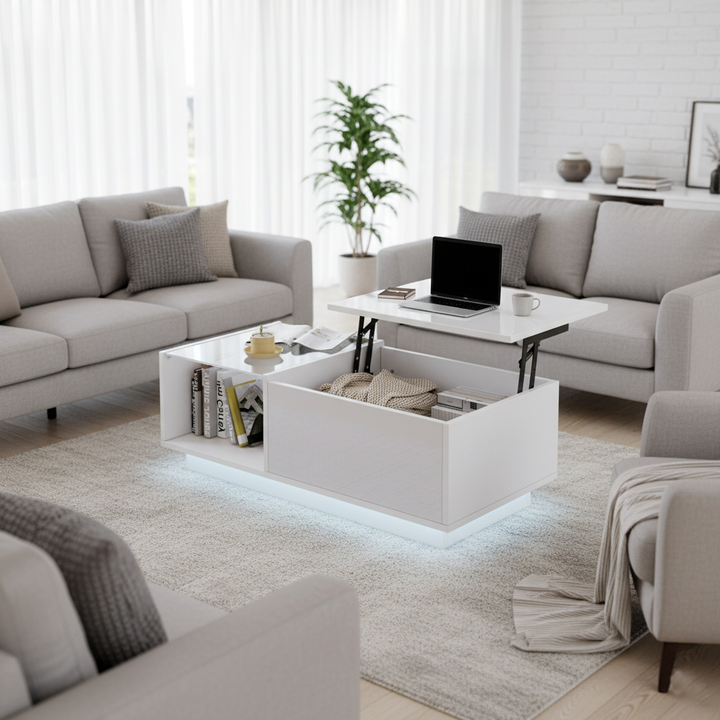 White high gloss lift-up LED coffee table with hidden storage and glass top 100×50×33cm BORAXFLAKE