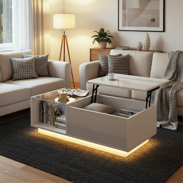 White high gloss lift-up LED coffee table with hidden storage and glass top 100×50×33cm BORAXFLAKE