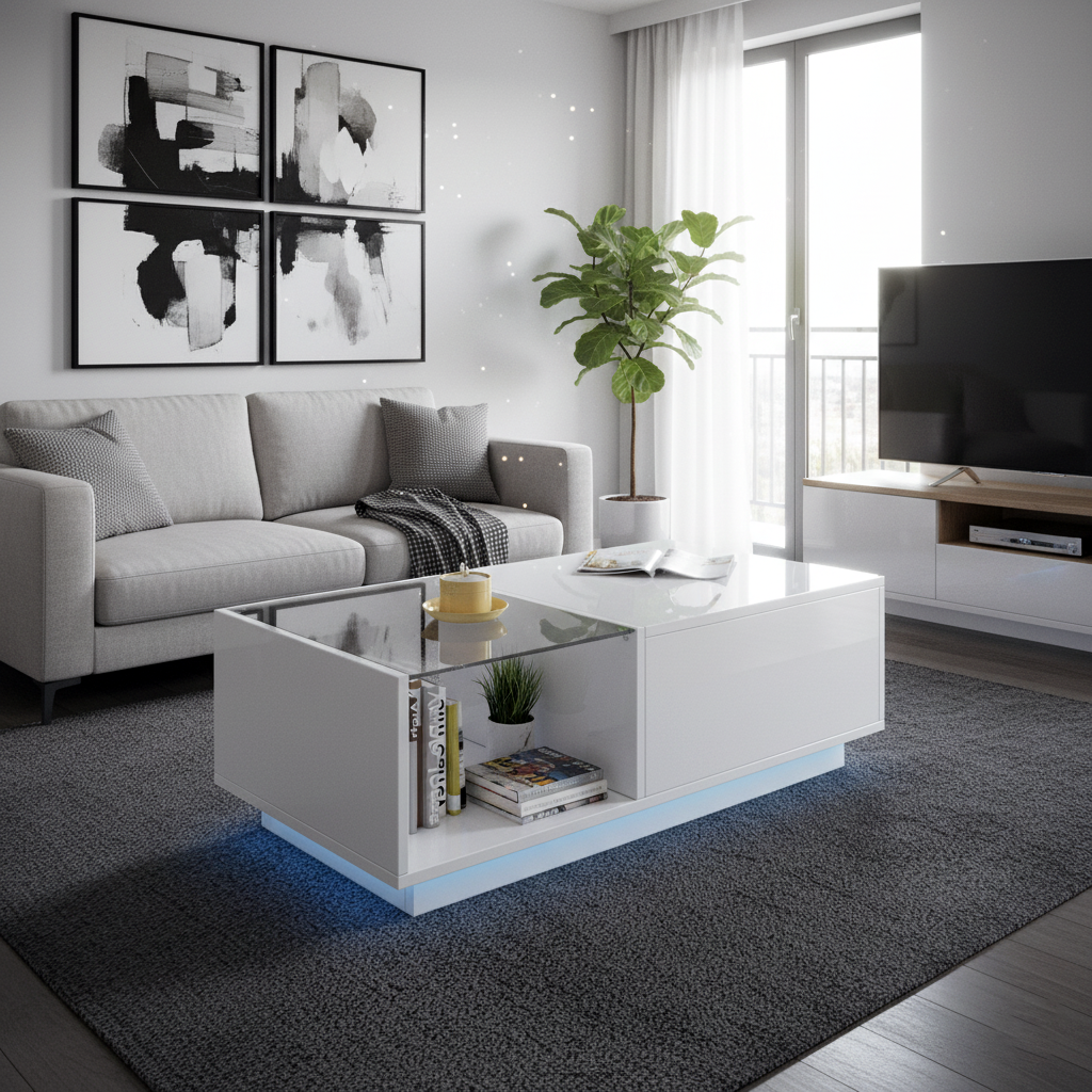 White high gloss lift-up LED coffee table with hidden storage and glass top 100×50×33cm BORAXFLAKE