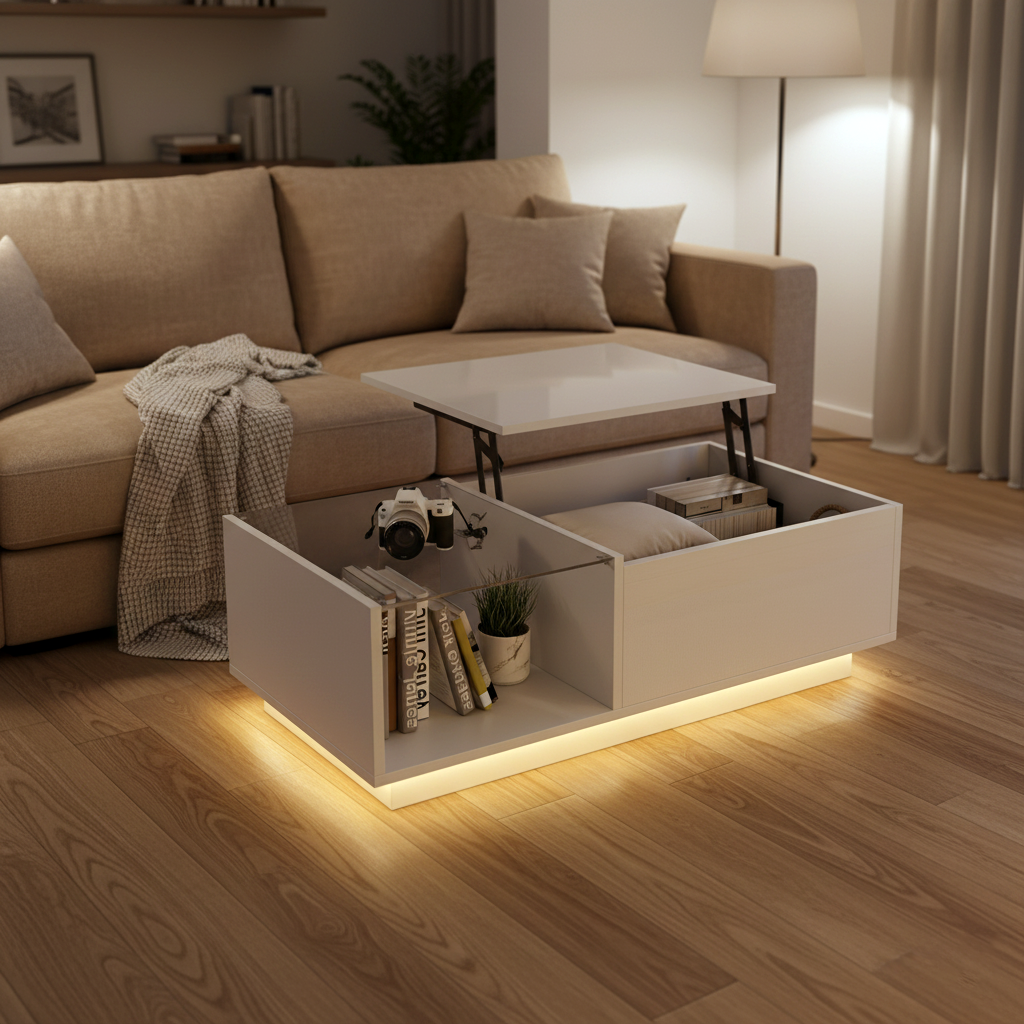 White high gloss lift-up LED coffee table with hidden storage and glass top 100×50×33cm BORAXFLAKE