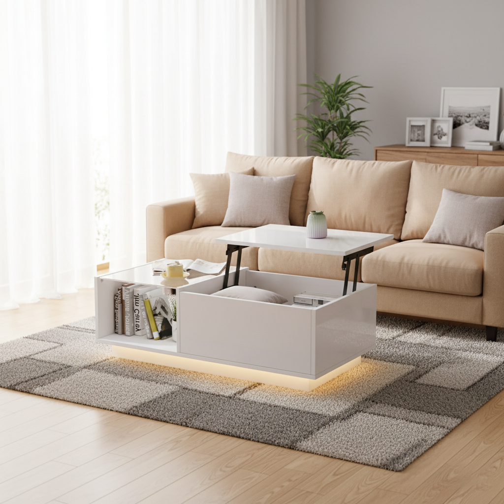 White high gloss lift-up LED coffee table with hidden storage and glass top 100×50×33cm BORAXFLAKE