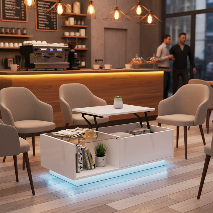 White high gloss lift-up LED coffee table with hidden storage and glass top 100×50×33cm BORAXFLAKE