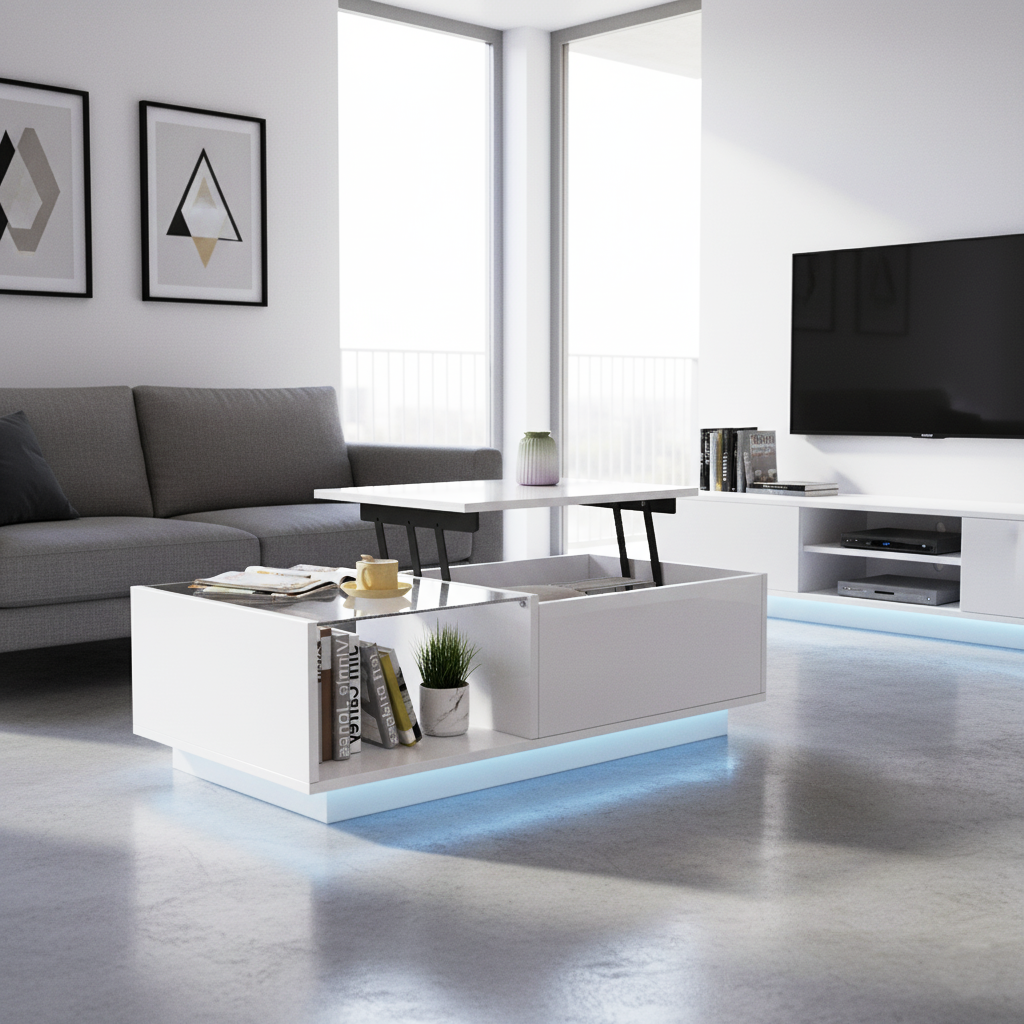 White high gloss lift-up LED coffee table with hidden storage and glass top 100×50×33cm BORAXFLAKE