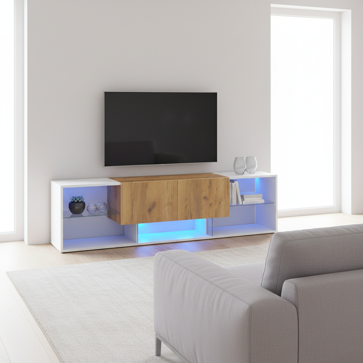 White & wood LED TV stand with 2 drawers and 5 open storage glasses shelves 160×40×42cm LIVERWORTLOBE