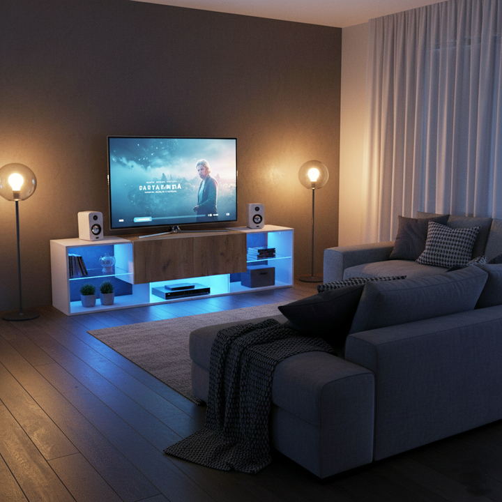 White & wood LED TV stand with 2 drawers and 5 open storage glasses shelves 160×40×42cm LIVERWORTLOBE