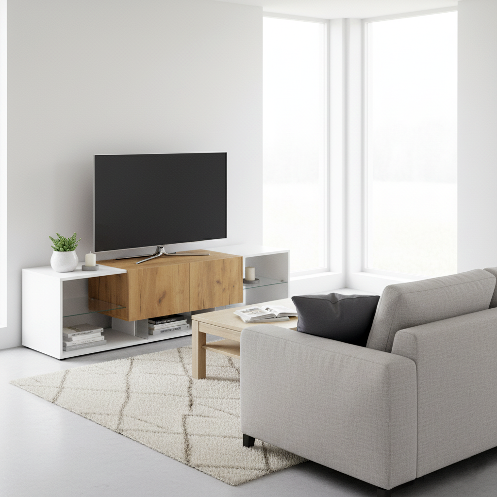 White & wood LED TV stand with 2 drawers and 5 open storage glasses shelves 160×40×42cm LIVERWORTLOBE