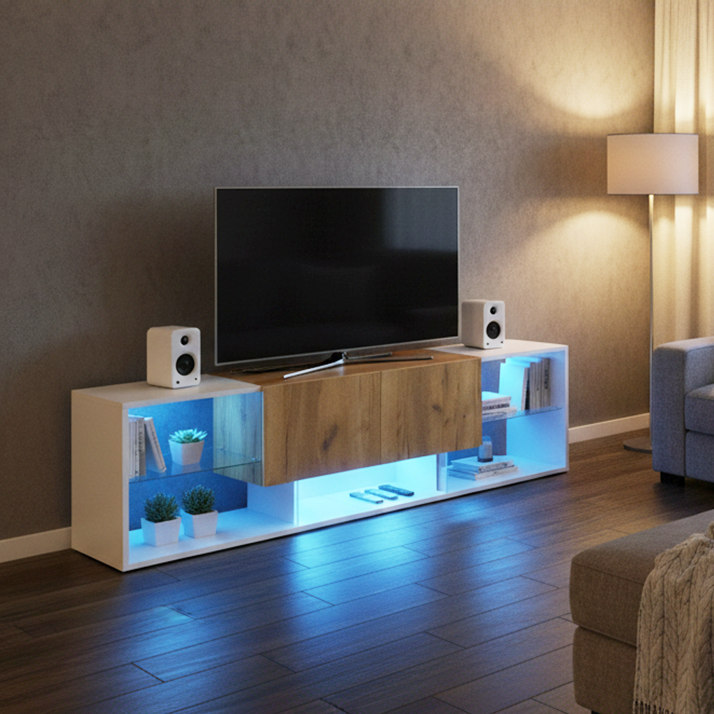 White & wood LED TV stand with 2 drawers and 5 open storage glasses shelves 160×40×42cm LIVERWORTLOBE