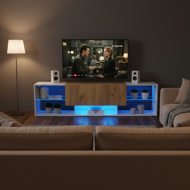 White & wood LED TV stand with 2 drawers and 5 open storage glasses shelves 160×40×42cm LIVERWORTLOBE