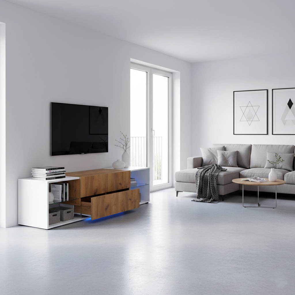 White & wood LED TV stand with 2 drawers and 5 open storage glasses shelves 160×40×42cm LIVERWORTLOBE