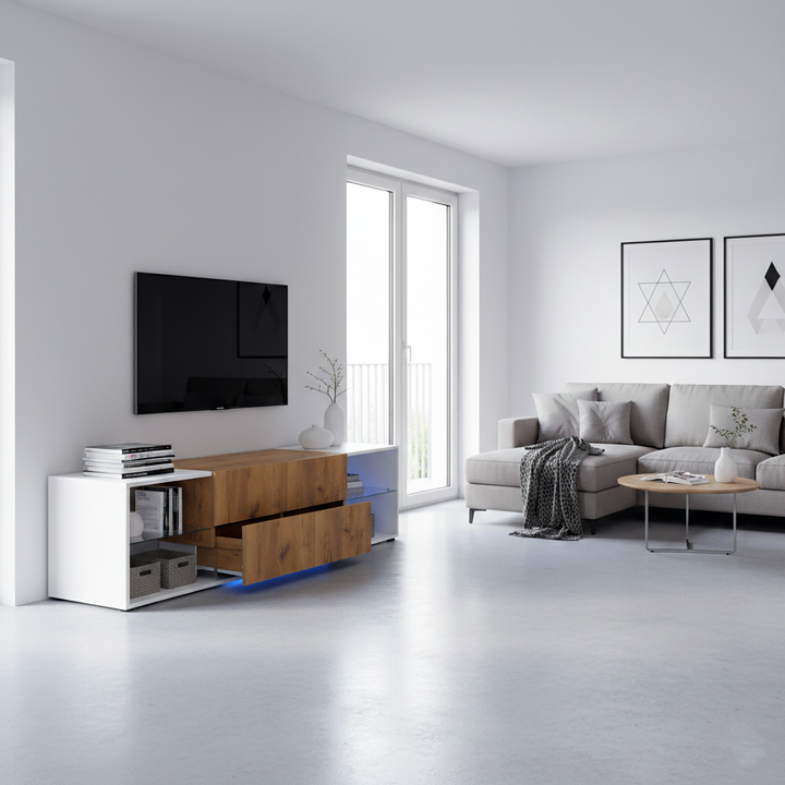 White & wood LED TV stand with 2 drawers and 5 open storage glasses shelves 160×40×42cm LIVERWORTLOBE