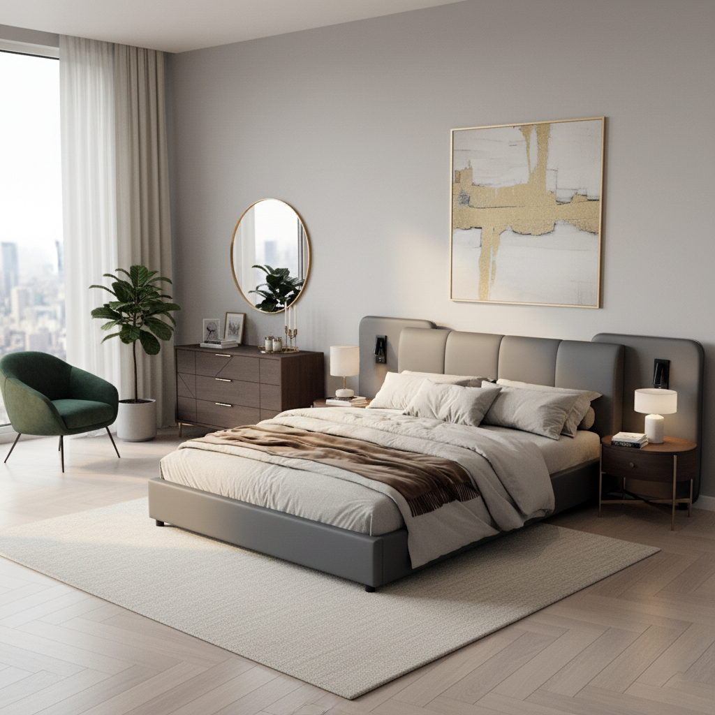 Grey PU upholstered double bed with charging port, 2 bedside lamps 135×190cm PASTUREBEARD