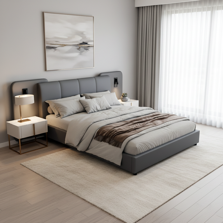 Grey PU upholstered double bed with charging port, 2 bedside lamps 135×190cm PASTUREBEARD