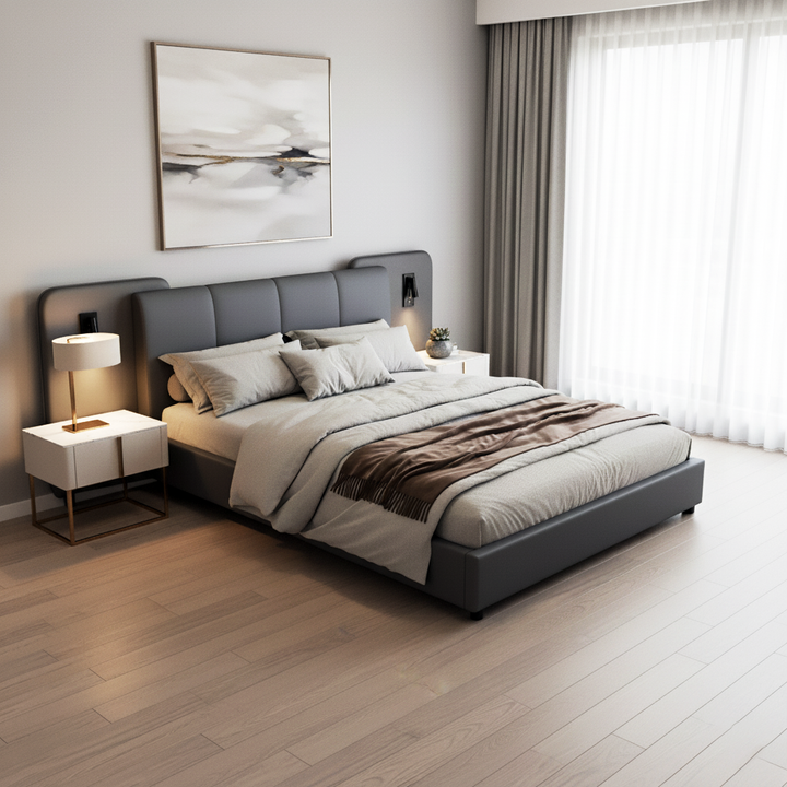 Grey PU upholstered double bed with charging port, 2 bedside lamps 135×190cm PASTUREBEARD