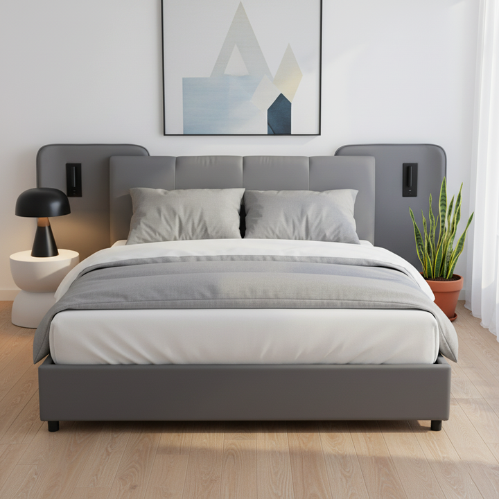 Grey PU upholstered double bed with charging port, 2 bedside lamps 135×190cm PASTUREBEARD