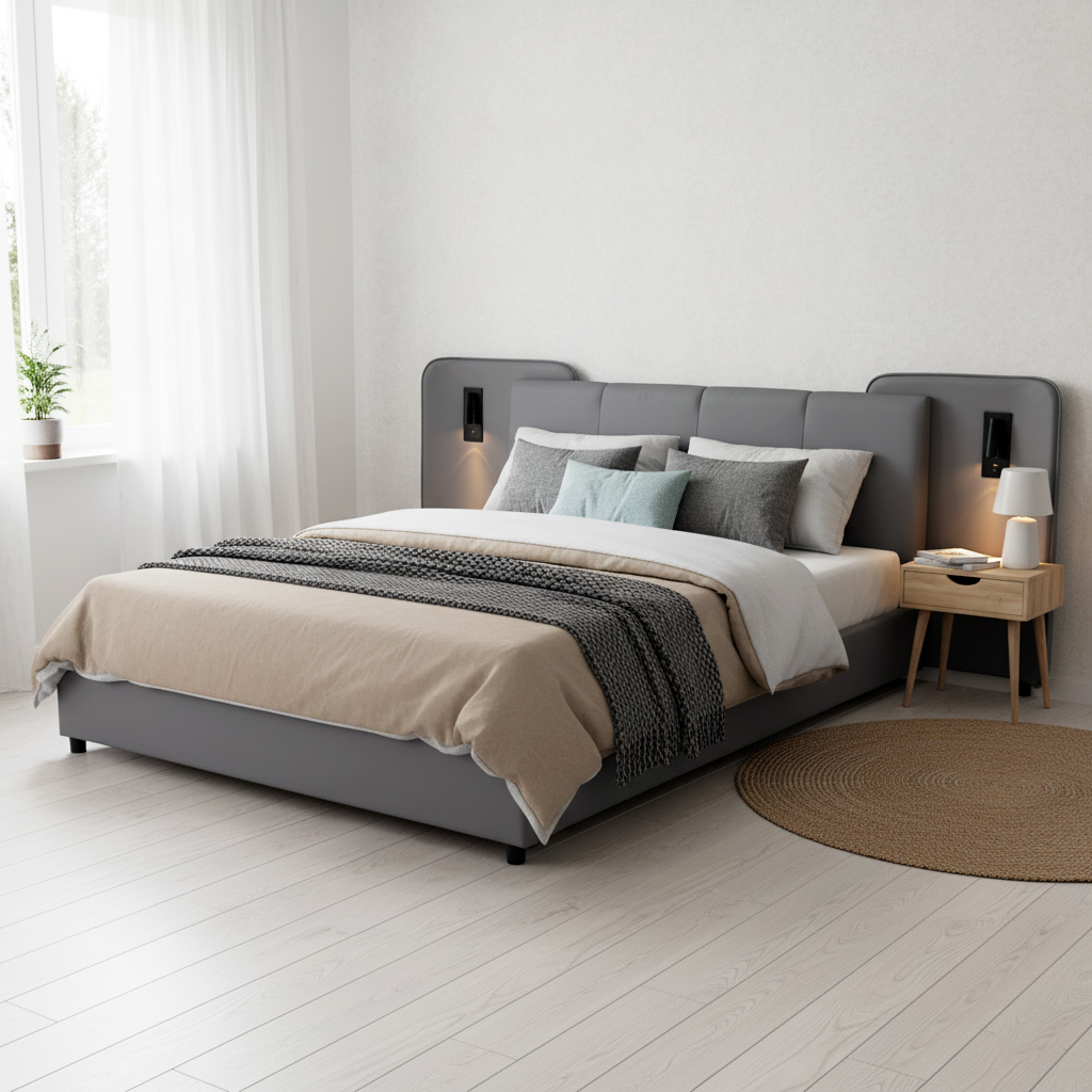 Grey PU upholstered double bed with charging port, 2 bedside lamps 135×190cm PASTUREBEARD