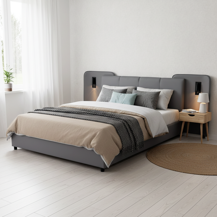 Grey PU upholstered double bed with charging port, 2 bedside lamps 135×190cm PASTUREBEARD