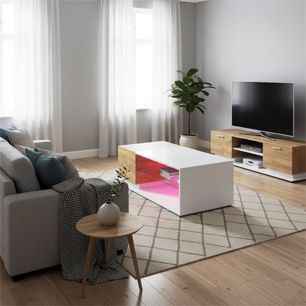 White rectangular wood LED coffee table with open glass shelf and 1-door IDEOGRAM