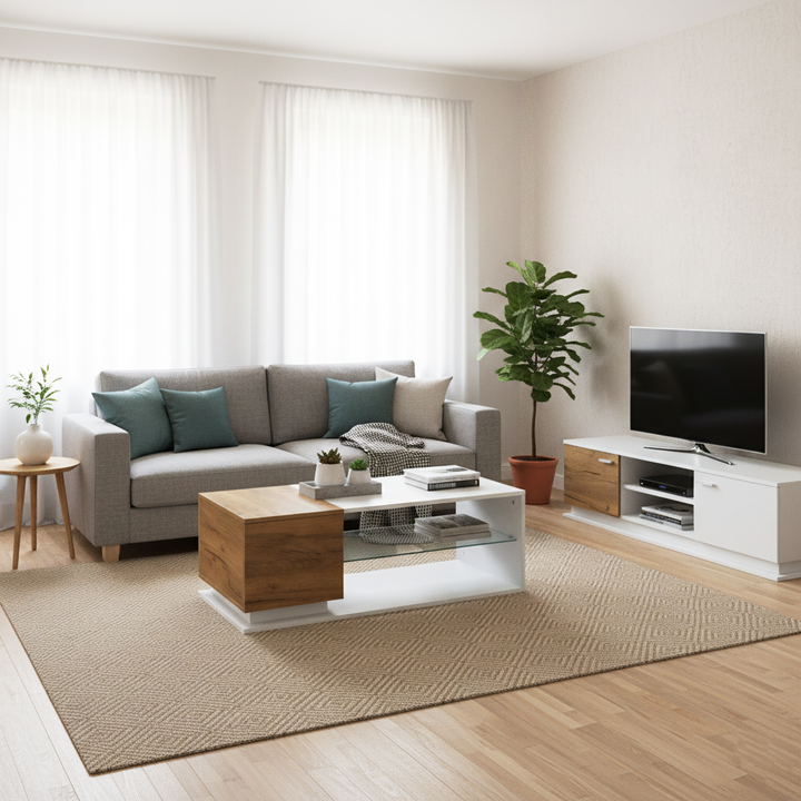 White rectangular wood LED coffee table with open glass shelf and 1-door IDEOGRAM