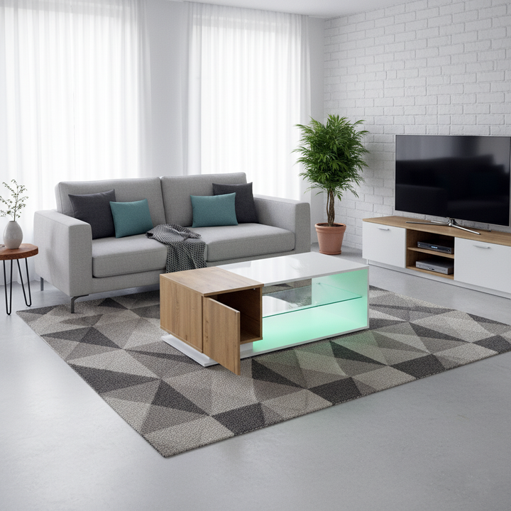 White rectangular wood LED coffee table with open glass shelf and 1-door IDEOGRAM
