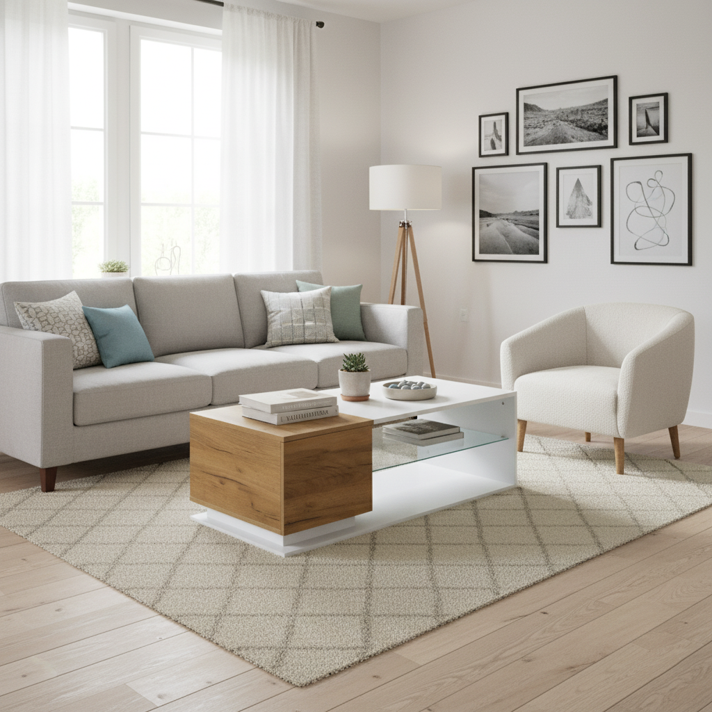 White rectangular wood LED coffee table with open glass shelf and 1-door IDEOGRAM