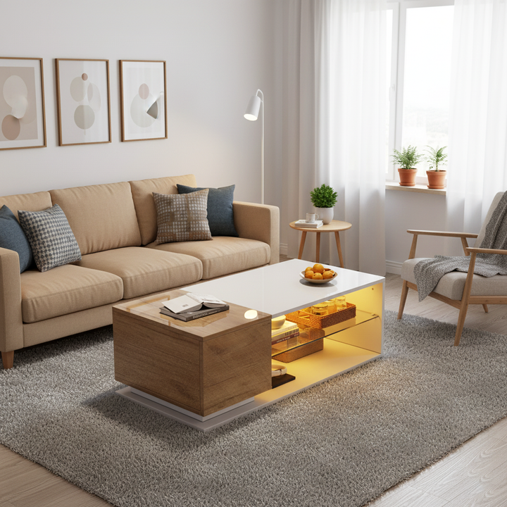 White rectangular wood LED coffee table with open glass shelf and 1-door IDEOGRAM