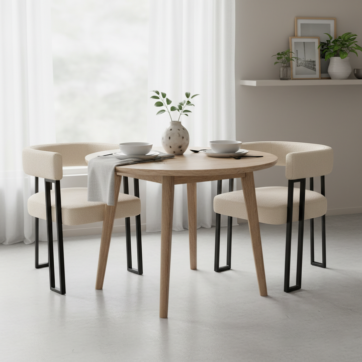 Set of 2 beige fabric dining chairs with curved ergonomic backrest and metal legs THISTLEDOWN