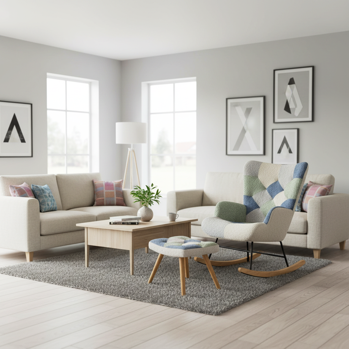 Fabric white blue patchwork rocking chair with solid wood legs and footstool MORASSSLOP