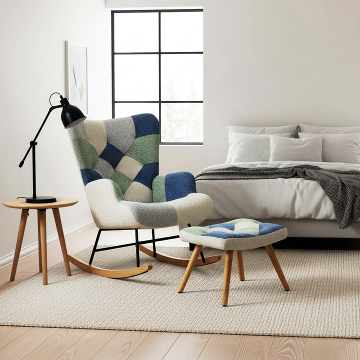 Fabric white blue patchwork rocking chair with solid wood legs and footstool MORASSSLOP