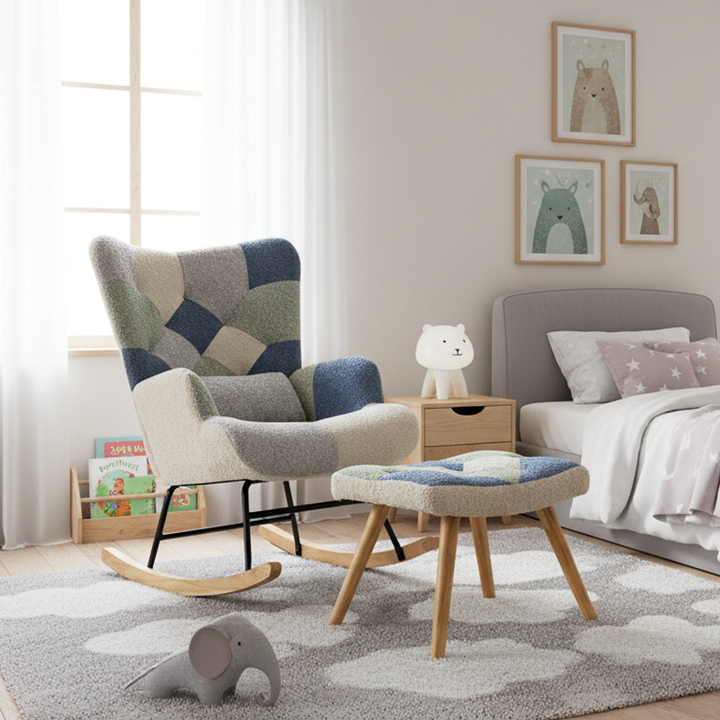 Fabric white blue patchwork rocking chair with solid wood legs and footstool MORASSSLOP