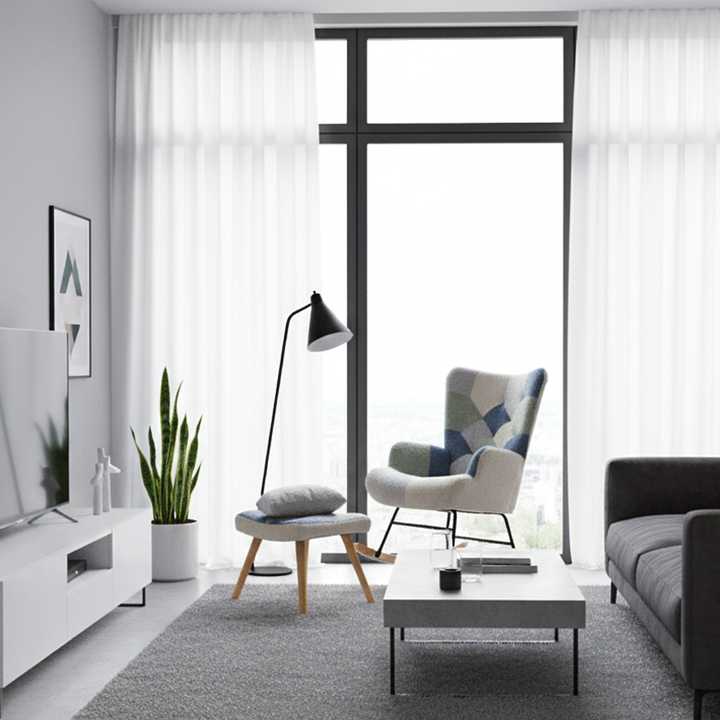 Fabric white blue patchwork rocking chair with solid wood legs and footstool MORASSSLOP