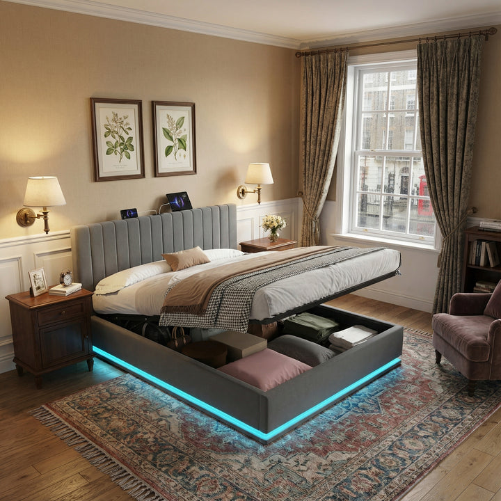 Grey velvet king ottoman bed end opening with LED lighting and charging station (150×200cm) REMEDIAT