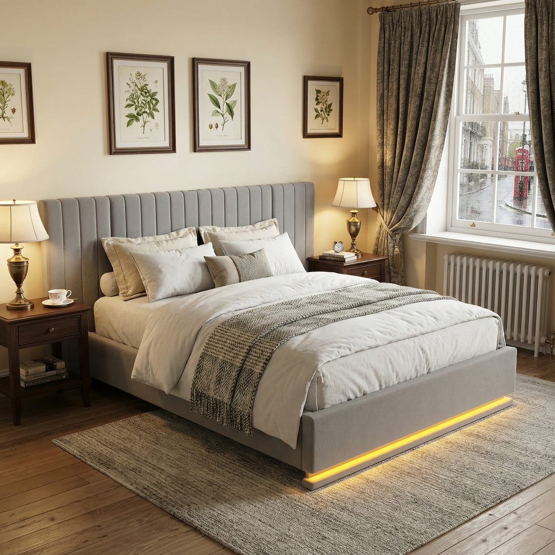 Grey velvet king ottoman bed end opening with LED lighting and charging station (150×200cm) REMEDIAT