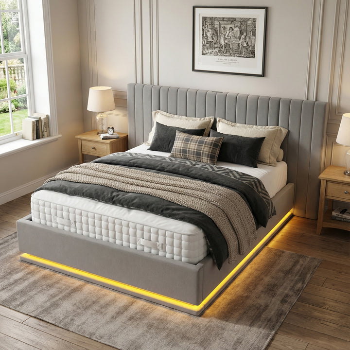 Grey velvet king ottoman bed end opening with LED lighting and charging station (150×200cm) REMEDIAT