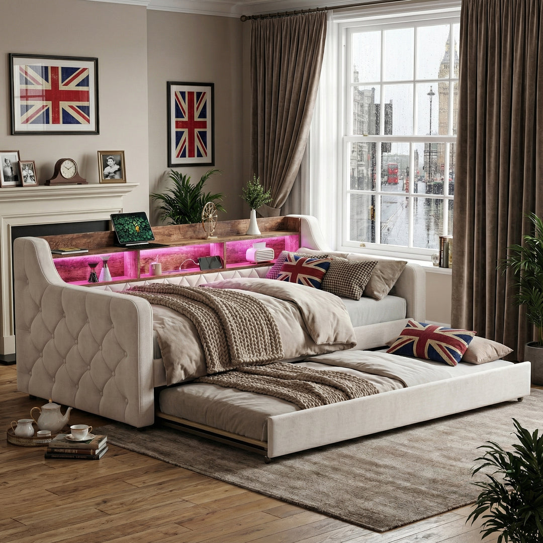 Beige velvet tufted button daybed with rustic wood shelves, lighting LED and charging port (90×190cm) TIDAL