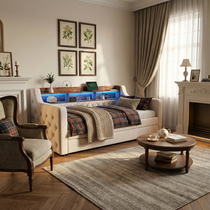 Beige velvet tufted button daybed with rustic wood shelves, lighting LED and charging port (90×190cm) TIDAL