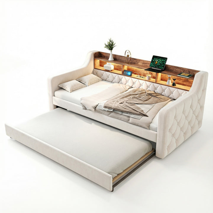 Beige velvet tufted button daybed with rustic wood shelves, lighting LED and charging port (90×190cm) TIDAL