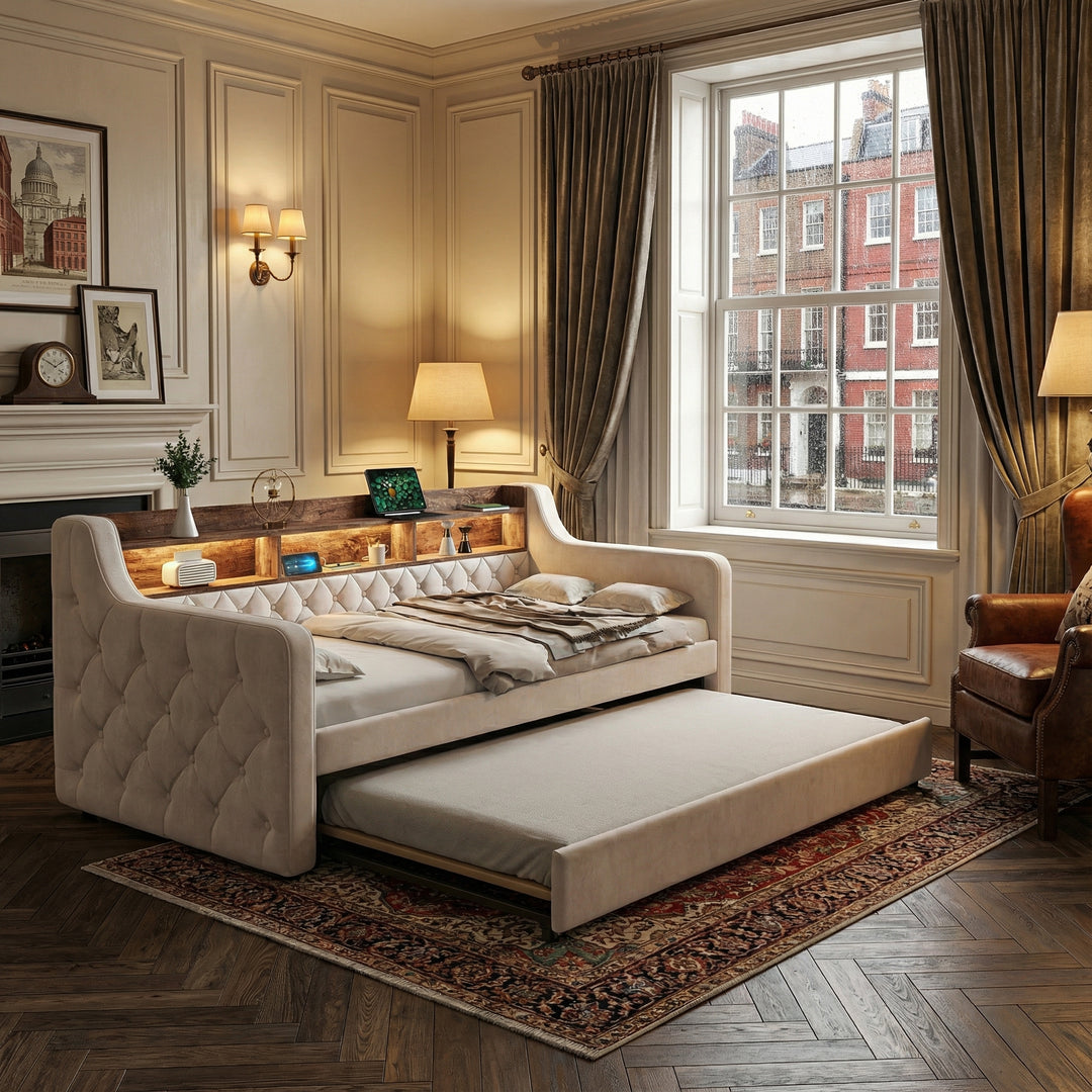 Beige velvet tufted button daybed with rustic wood shelves, lighting LED and charging port (90×190cm) TIDAL