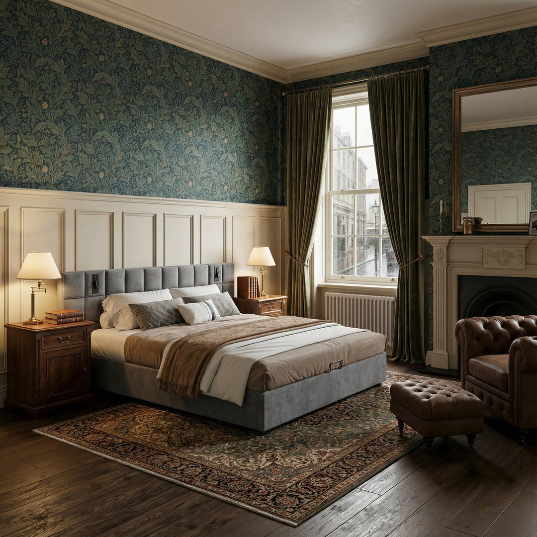 Grey velvet king size ottoman bed end opening, side lamps and charging ports (150×200cm) RECESSIVE