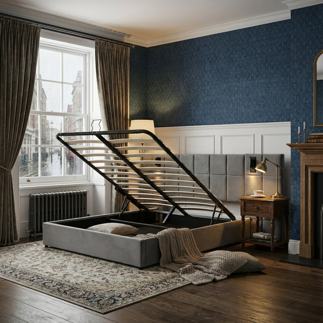 Grey velvet king size ottoman bed end opening, side lamps and charging ports (150×200cm) RECESSIVE