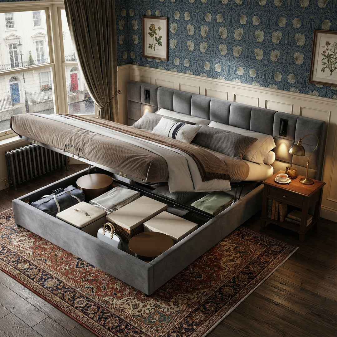 Grey velvet king size ottoman bed end opening, side lamps and charging ports (150×200cm) RECESSIVE