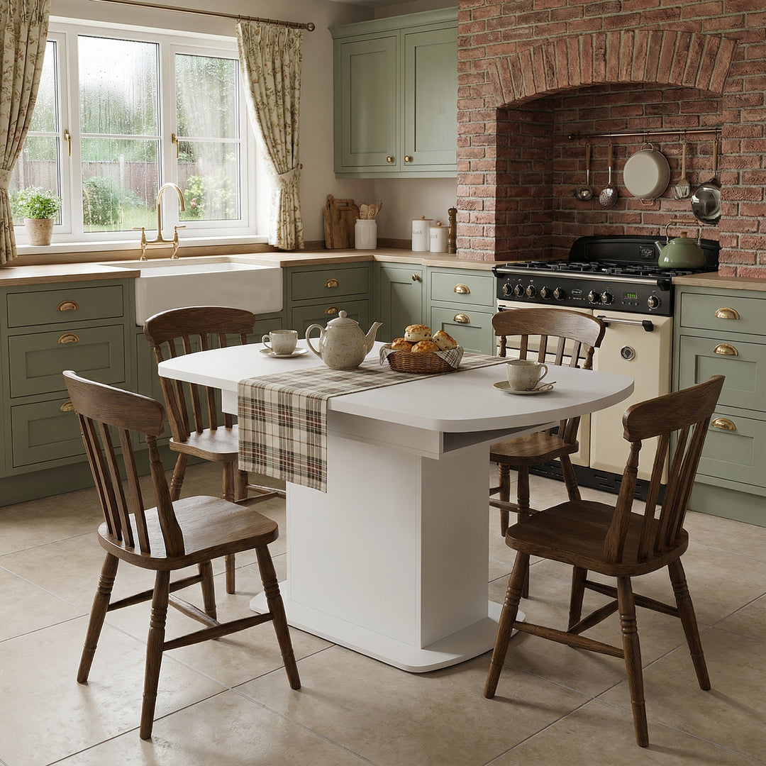 White extendable oval dining table with built-in storage 110-130×70cm SKELETAL