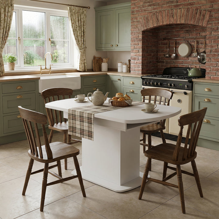 White extendable oval dining table with built-in storage 110-130×70cm SKELETAL