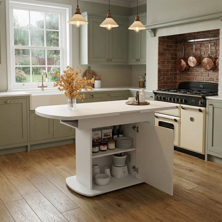 White extendable oval dining table with built-in storage 110-130×70cm SKELETAL