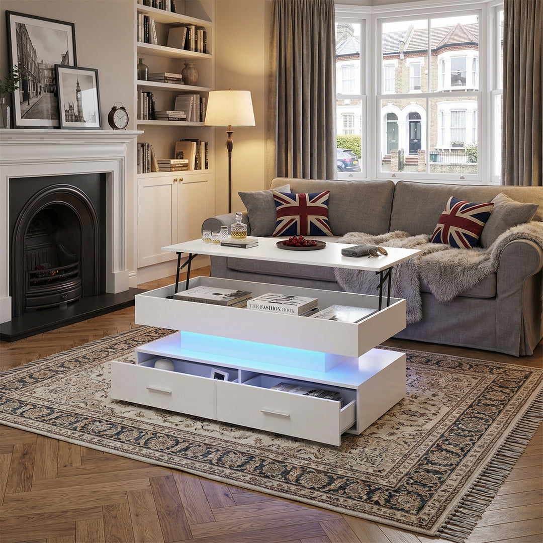White lift-top coffee table with LED lighting and 2 drawers 100×50×44cm CYBERSPACE