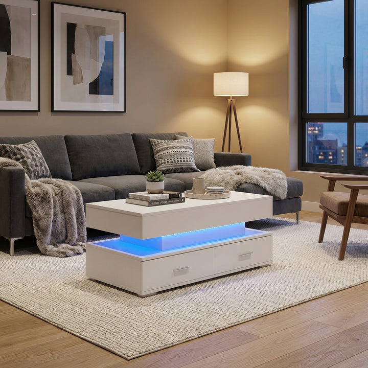 White lift-top coffee table with LED lighting and 2 drawers 100×50×44cm CYBERSPACE