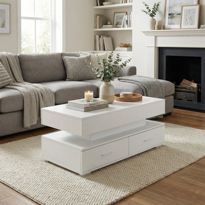 White lift-top coffee table with LED lighting and 2 drawers 100×50×44cm CYBERSPACE